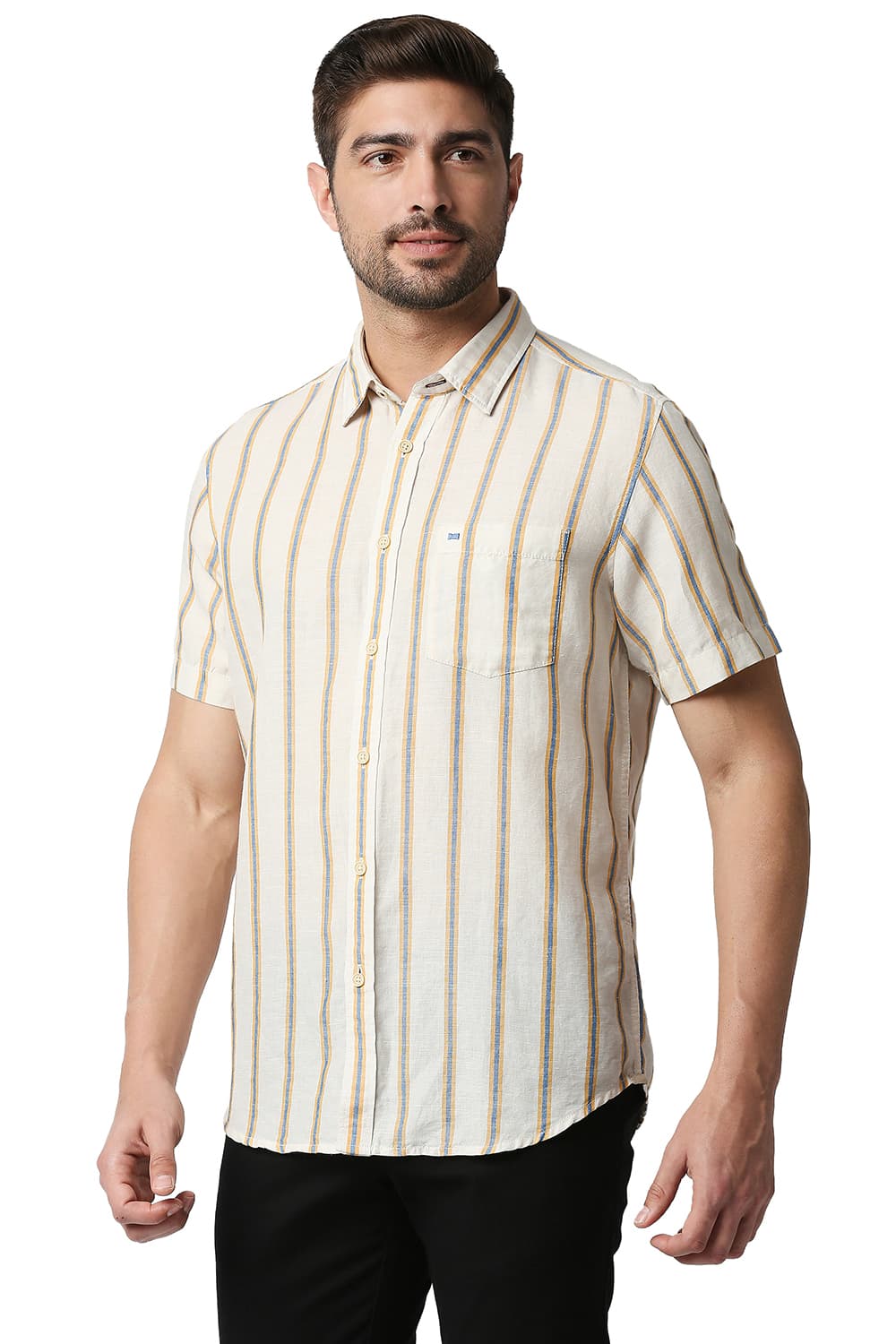 BASICS SLIM FIT COTTON LINEN STRIPE HALFSLEEVES SHIRT