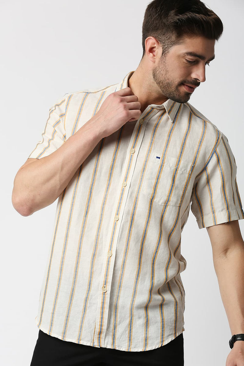 Slim Fit Cotton Linen Stripe Halfsleeves Shirt