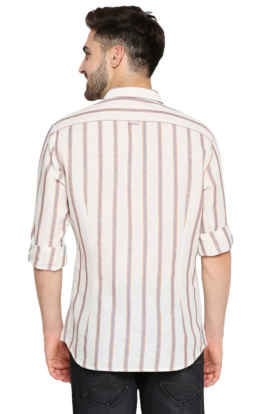 BASICS SLIM FIT ALMOND BROWN COTTON LINEN STRIPE SHIRT