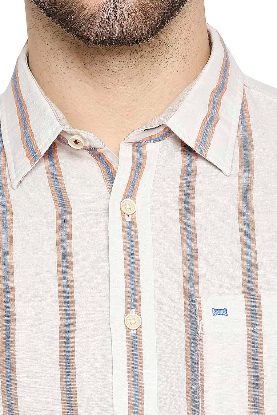 BASICS SLIM FIT ALMOND BROWN COTTON LINEN STRIPE SHIRT