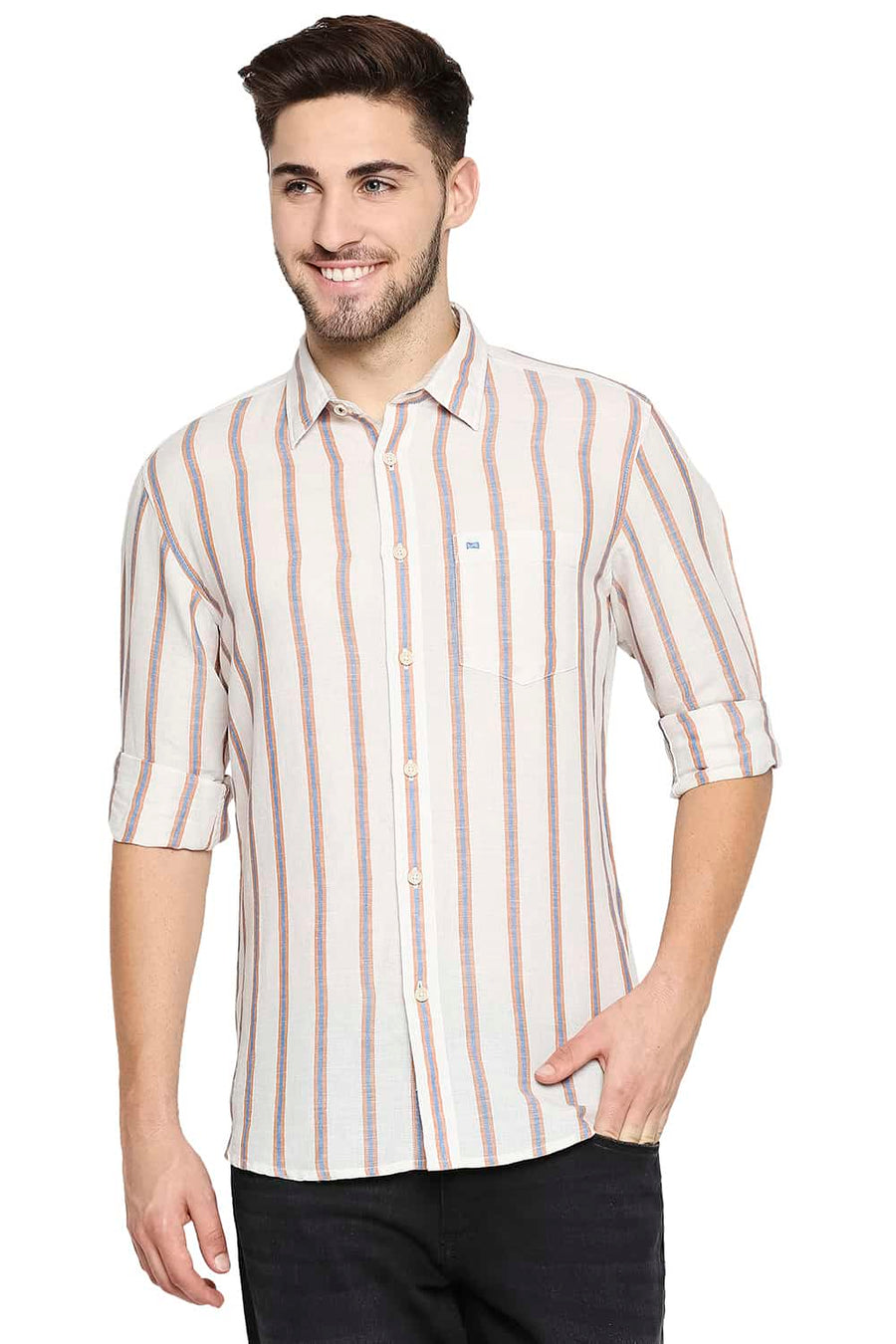 BASICS SLIM FIT ALMOND BROWN COTTON LINEN STRIPE SHIRT