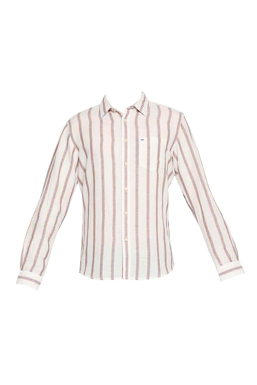BASICS SLIM FIT ALMOND BROWN COTTON LINEN STRIPE SHIRT
