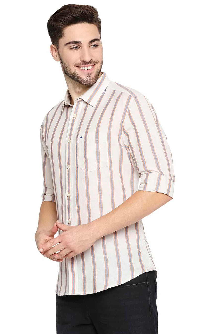 BASICS SLIM FIT ALMOND BROWN COTTON LINEN STRIPE SHIRT