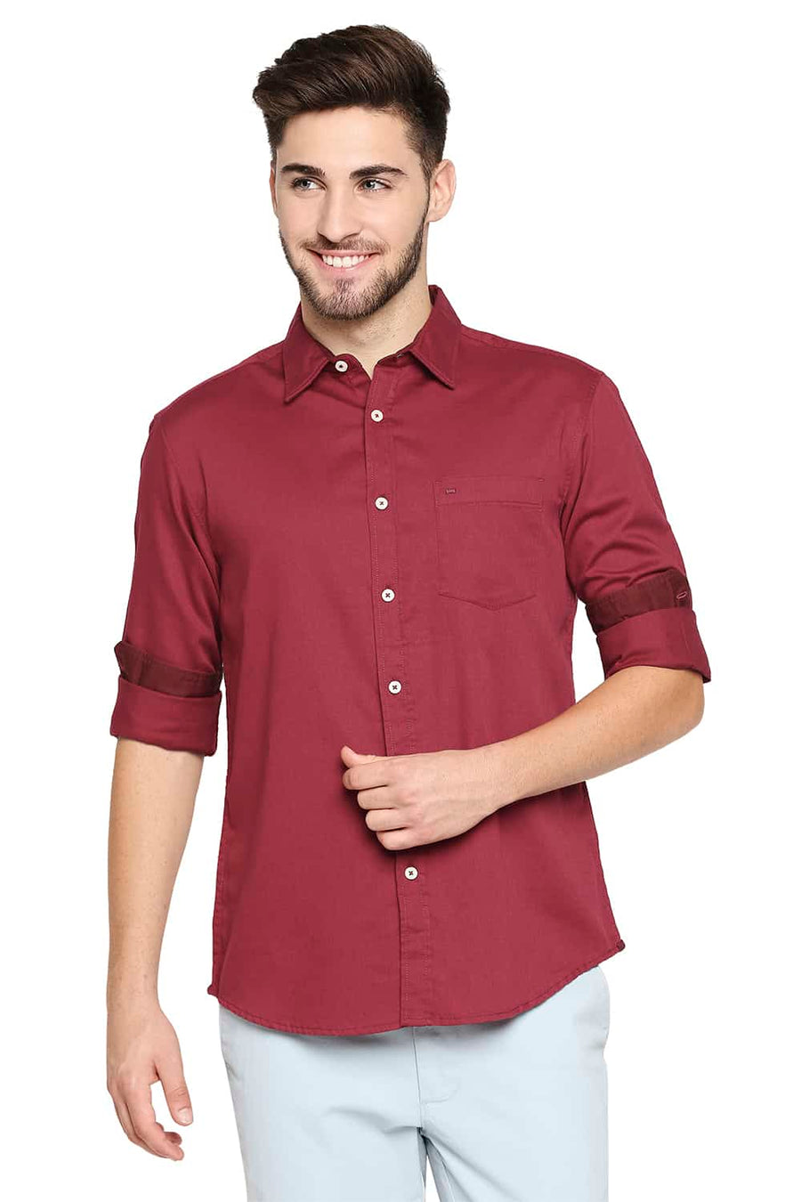 BASICS SLIM FIT BIKING RED BROKEN TWILL SLUB SHIRT