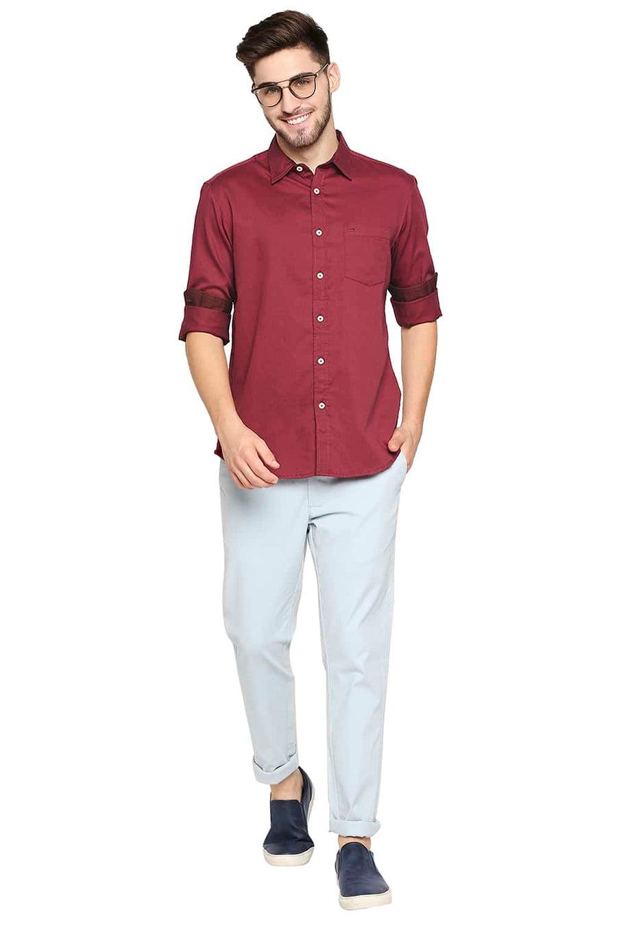 BASICS SLIM FIT BIKING RED BROKEN TWILL SLUB SHIRT