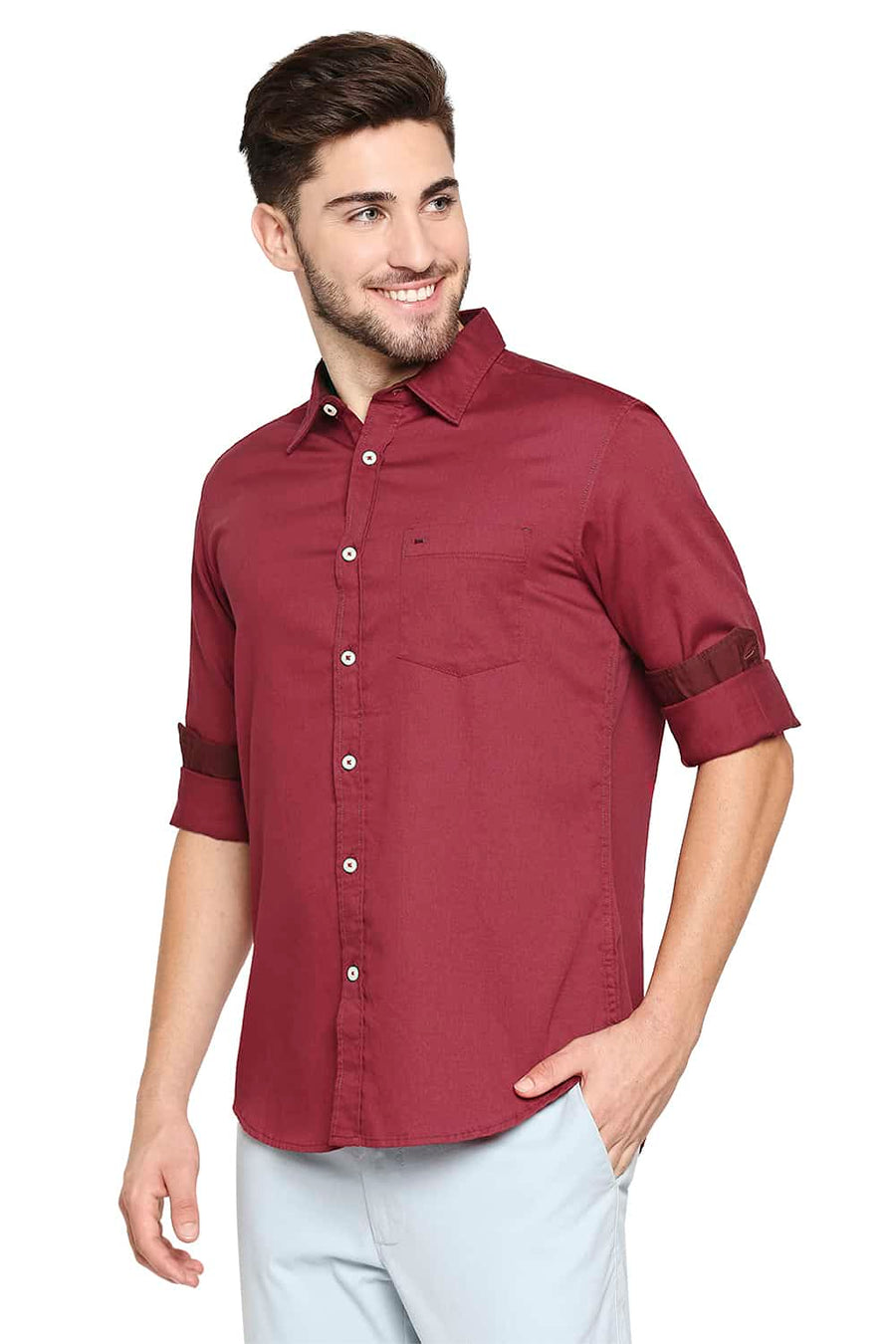BASICS SLIM FIT BIKING RED BROKEN TWILL SLUB SHIRT