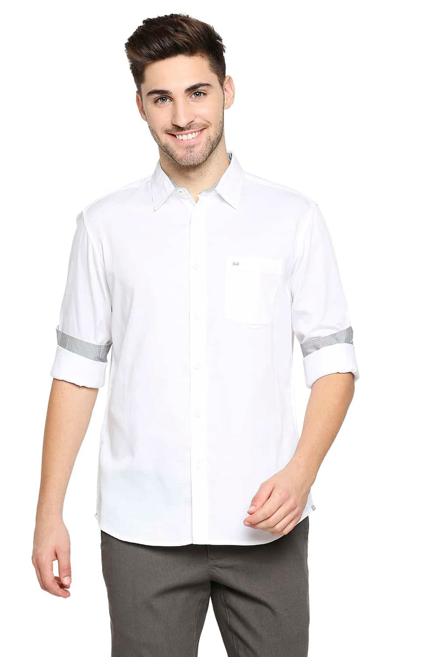 BASICS SLIM FIT BRIGHT WHITE BROKEN TWILL SLUB SHIRT