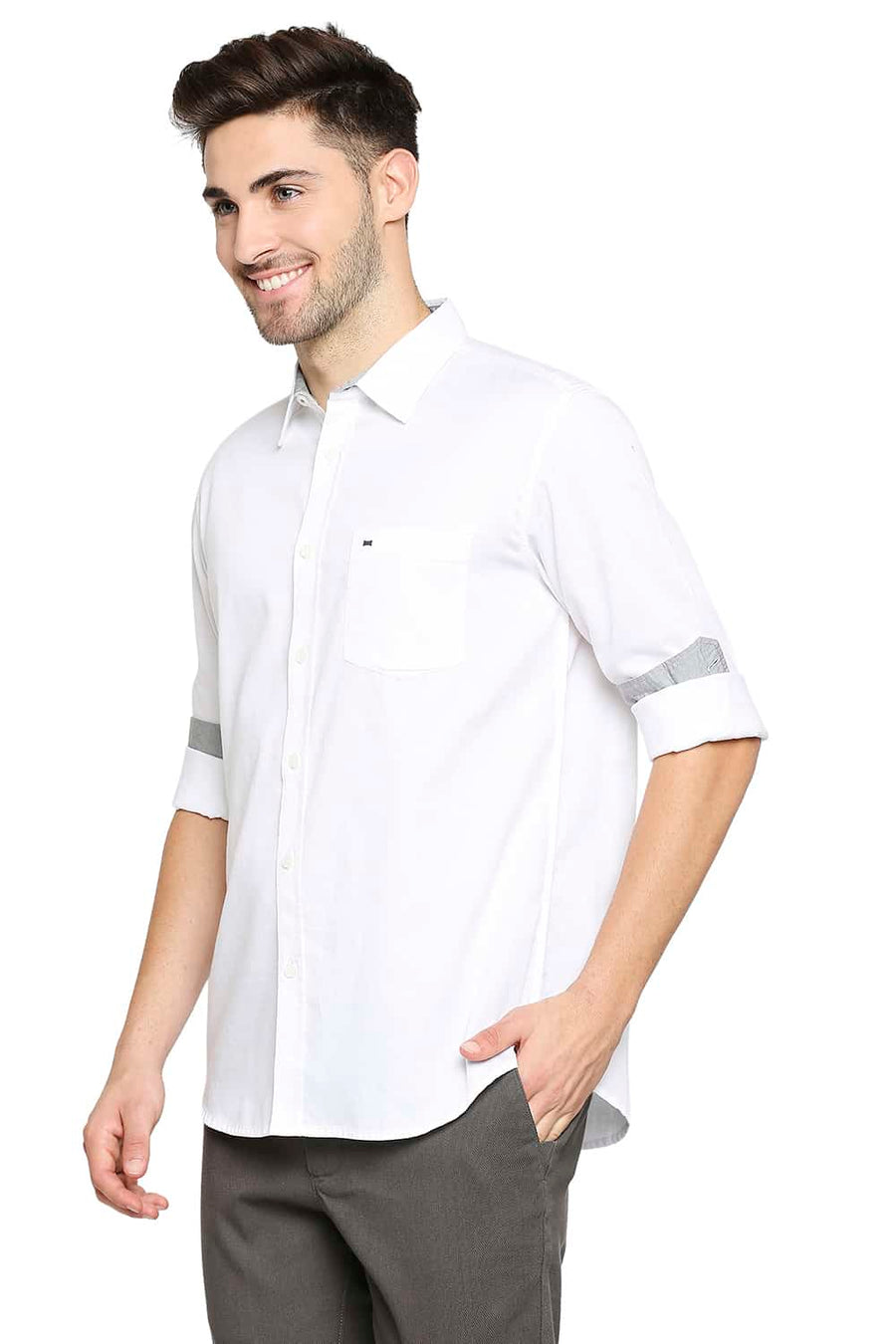 BASICS SLIM FIT BRIGHT WHITE BROKEN TWILL SLUB SHIRT
