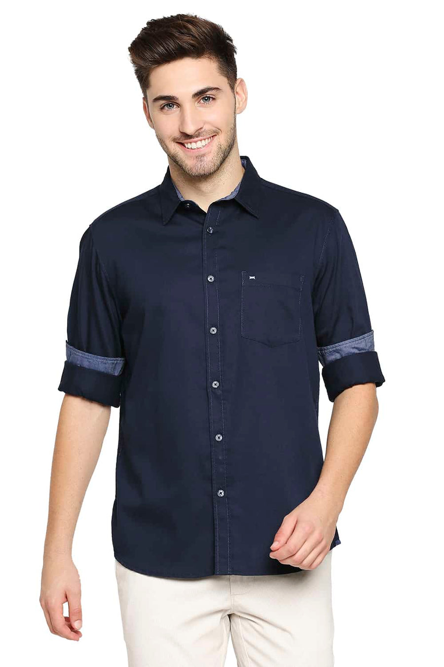 BASICS SLIM FIT TITAN NAVY BROKEN TWILL SLUB SHIRT