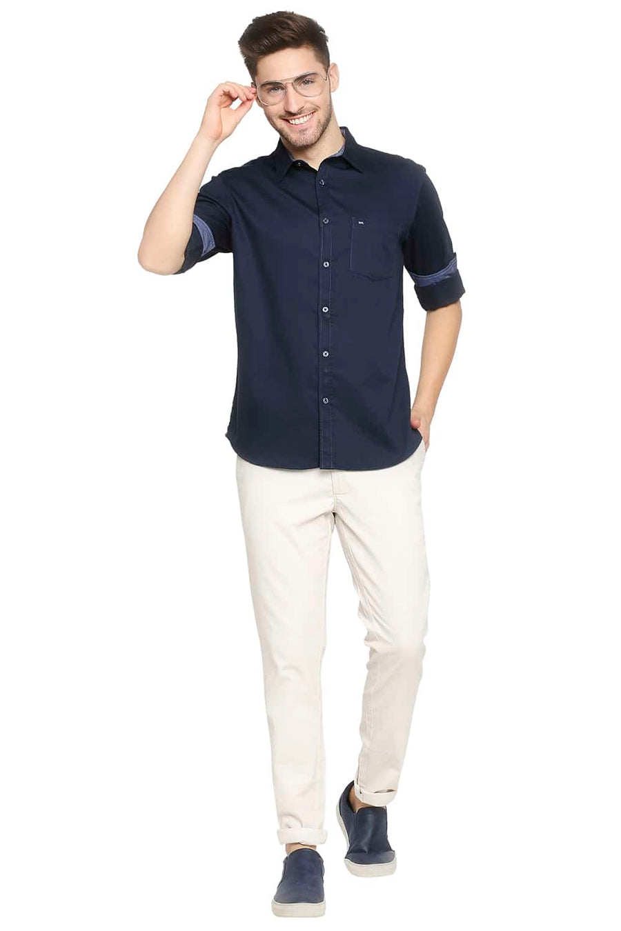 BASICS SLIM FIT TITAN NAVY BROKEN TWILL SLUB SHIRT