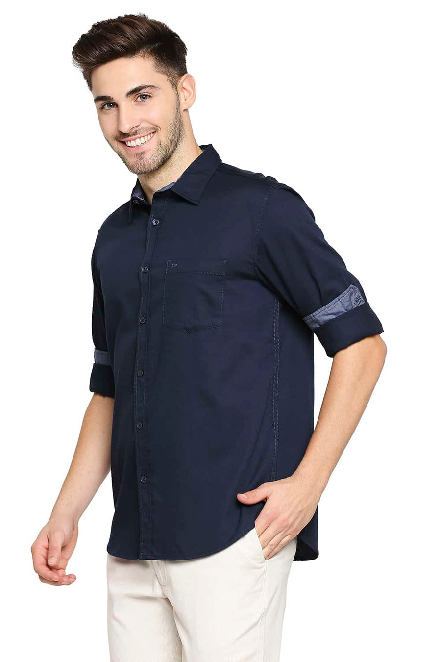 BASICS SLIM FIT TITAN NAVY BROKEN TWILL SLUB SHIRT