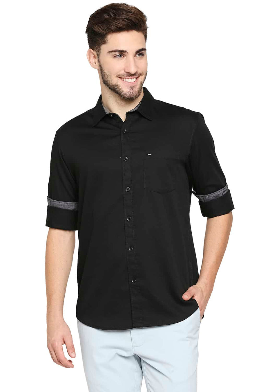 BASICS SLIM FIT RAVEN BLACK BROKEN TWILL SLUB SHIRT
