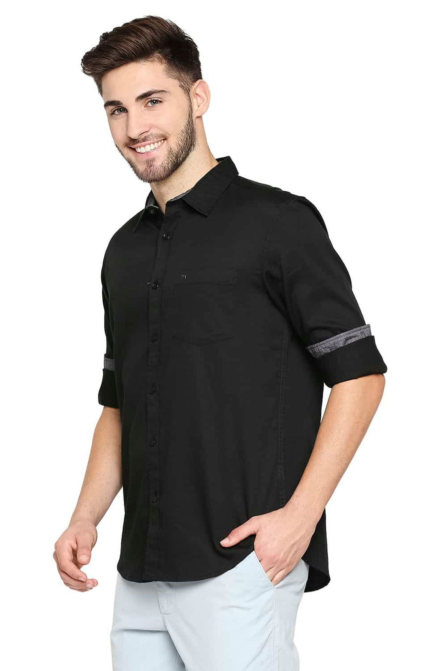 BASICS SLIM FIT RAVEN BLACK BROKEN TWILL SLUB SHIRT