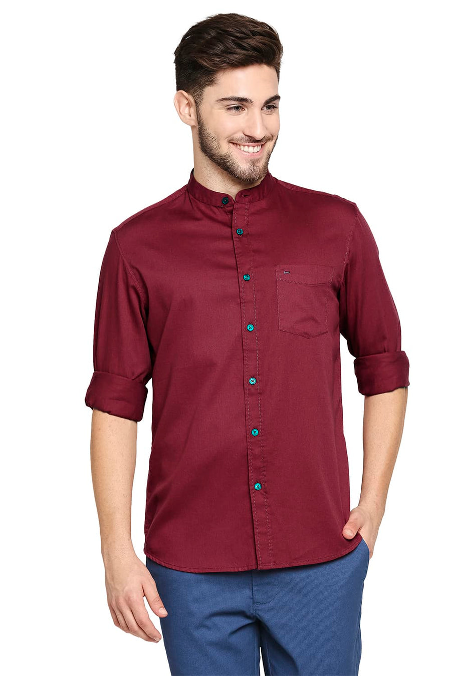 BASICS SLIM FIT CRIMSON RED BROKEN TWILL SLUB SHIRT