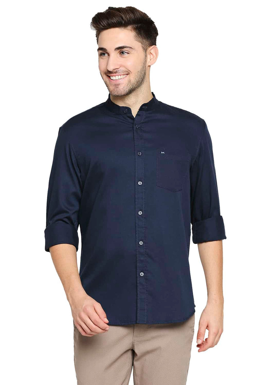 BASICS SLIM FIT DRESS NAVY BROKEN TWILL SLUB SHIRT