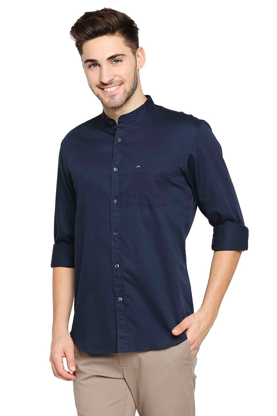 BASICS SLIM FIT DRESS NAVY BROKEN TWILL SLUB SHIRT