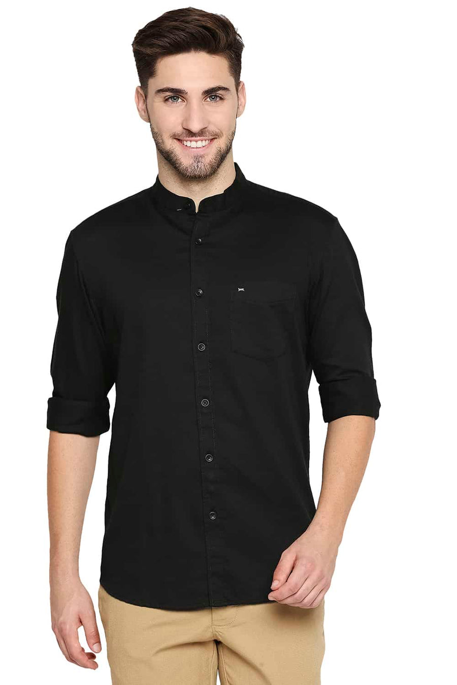 BASICS SLIM FIT MOONLESS BLACK BROKEN TWILL SLUB SHIRT
