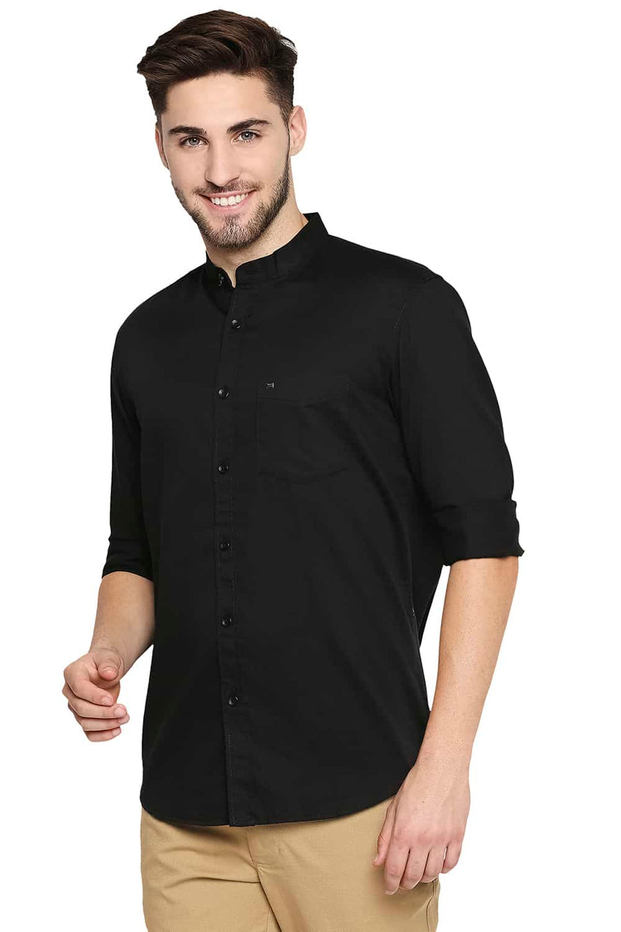 BASICS SLIM FIT MOONLESS BLACK BROKEN TWILL SLUB SHIRT