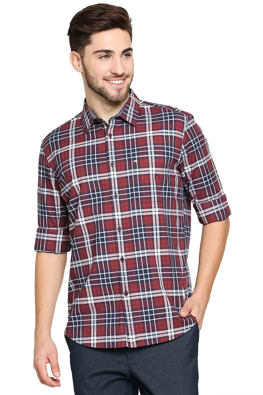 BASICS SLIM FIT KETCHUP MAROON OXFORD CHECKS SHIRT