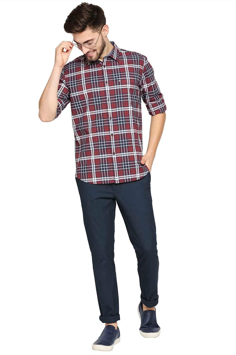 BASICS SLIM FIT KETCHUP MAROON OXFORD CHECKS SHIRT