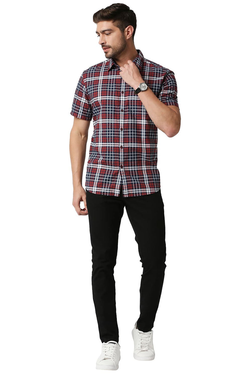 BASICS SLIM FIT OXFORD CHECKS HALFSLEEVES SHIRT