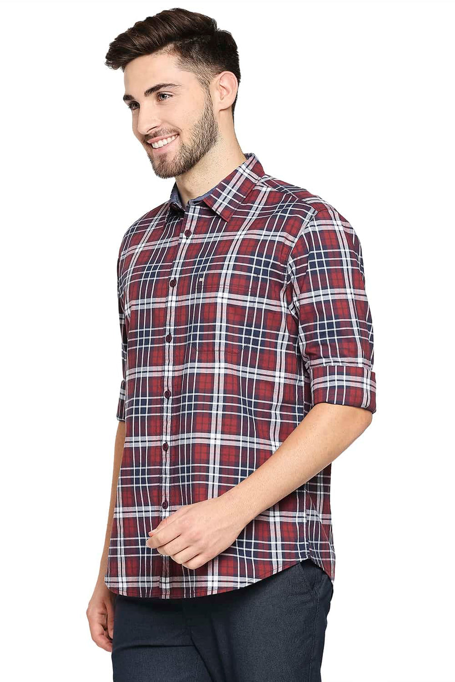 BASICS SLIM FIT KETCHUP MAROON OXFORD CHECKS SHIRT