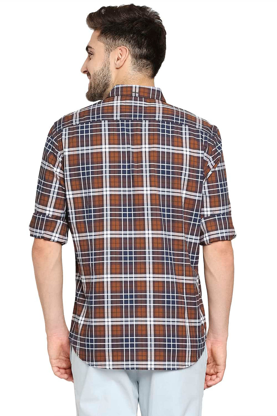 BASICS SLIM FIT GLAZED BROWN OXFORD CHECKS SHIRT