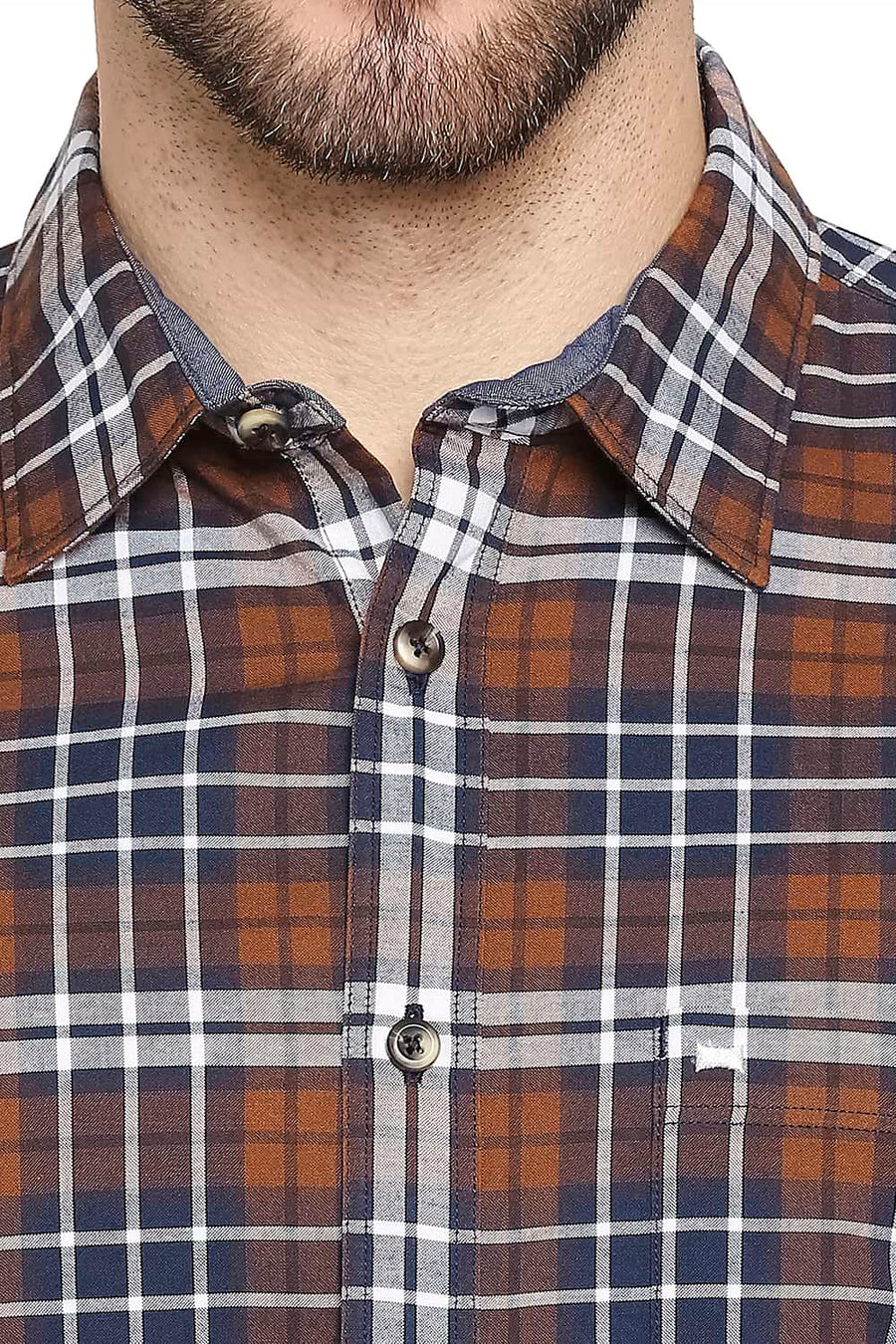 BASICS SLIM FIT GLAZED BROWN OXFORD CHECKS SHIRT