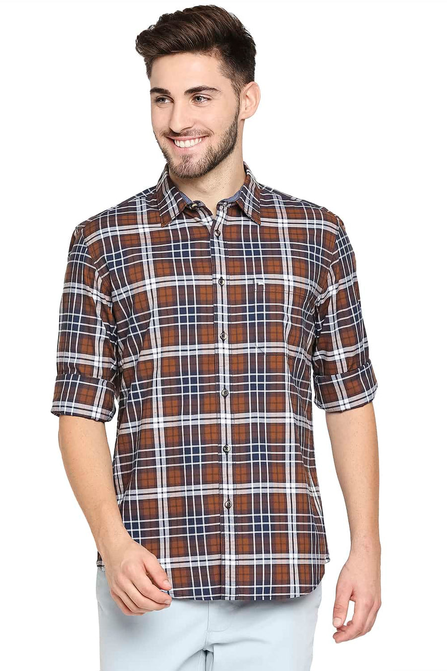 BASICS SLIM FIT GLAZED BROWN OXFORD CHECKS SHIRT