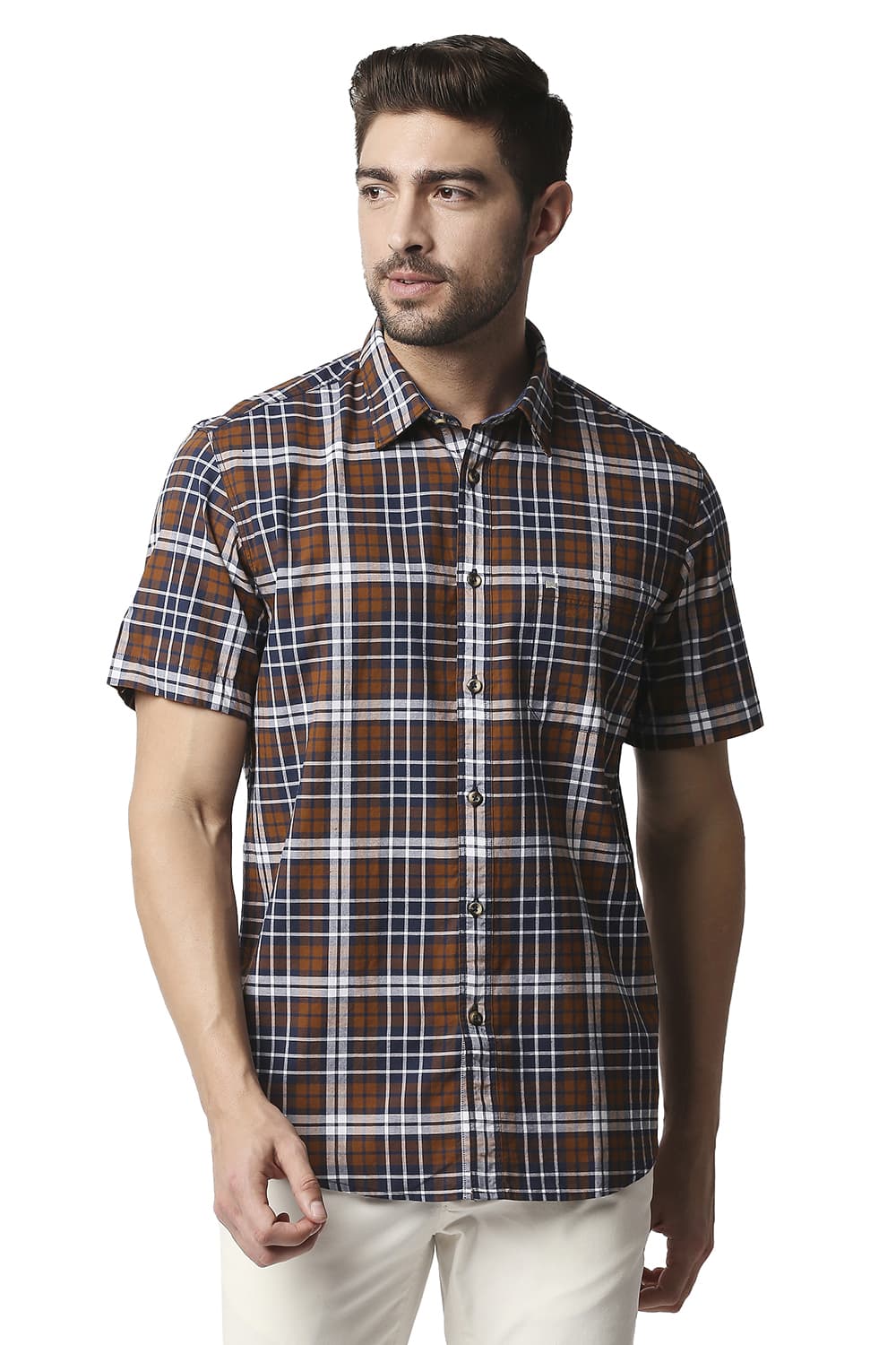 BASICS SLIM FIT OXFORD CHECKS HALFSLEEVES SHIRT