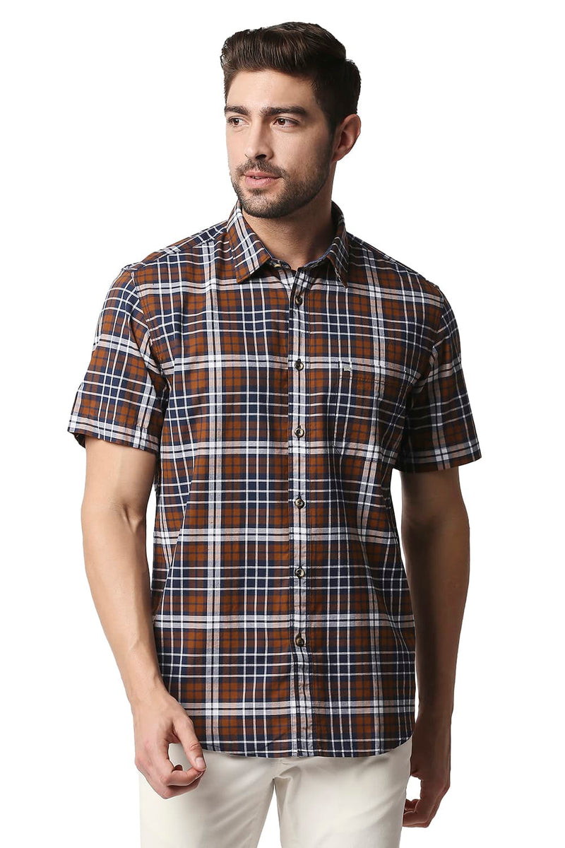 BASICS SLIM FIT OXFORD CHECKS HALFSLEEVES SHIRT