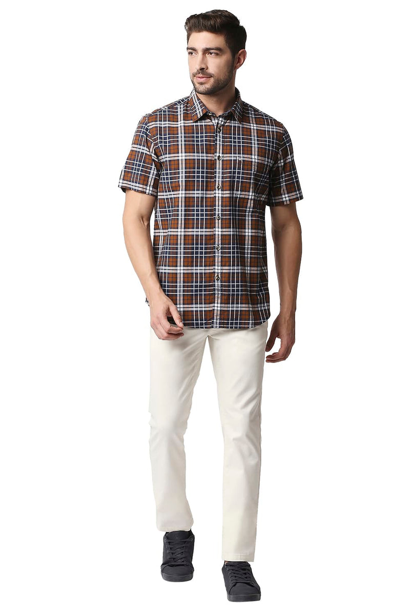 BASICS SLIM FIT OXFORD CHECKS HALFSLEEVES SHIRT