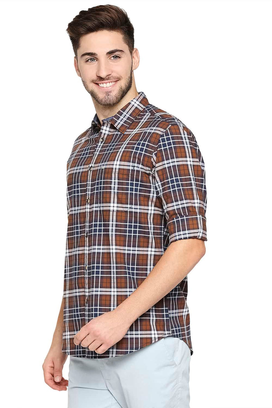 BASICS SLIM FIT GLAZED BROWN OXFORD CHECKS SHIRT