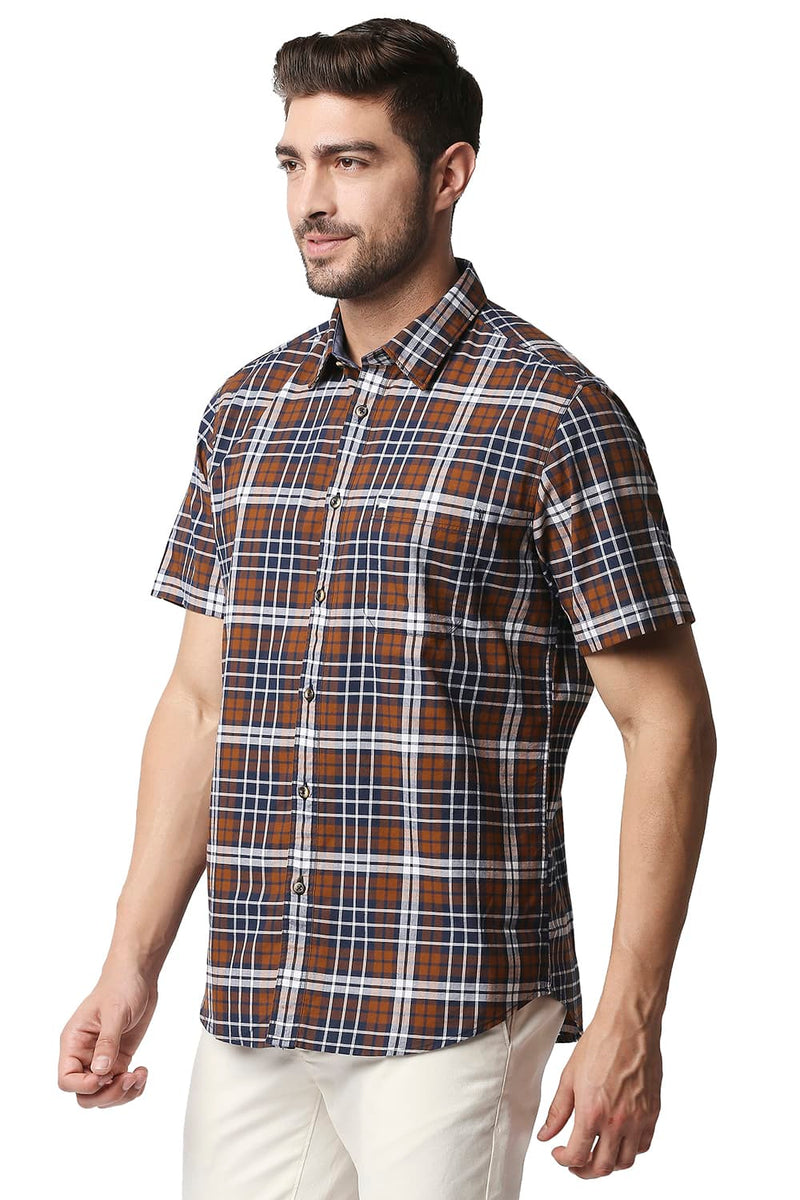 BASICS SLIM FIT OXFORD CHECKS HALFSLEEVES SHIRT