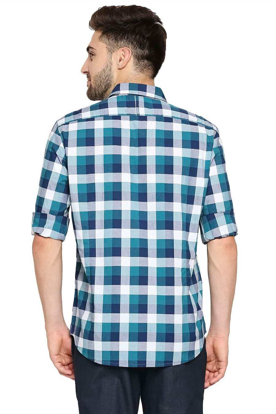 BASICS SLIM FIT SPRUCE GREEN OXFORD CHECKS SHIRT