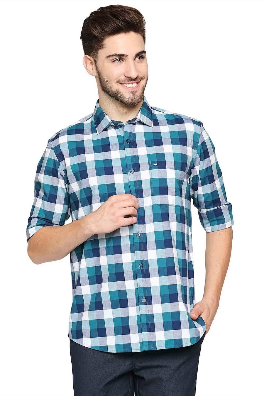 BASICS SLIM FIT SPRUCE GREEN OXFORD CHECKS SHIRT