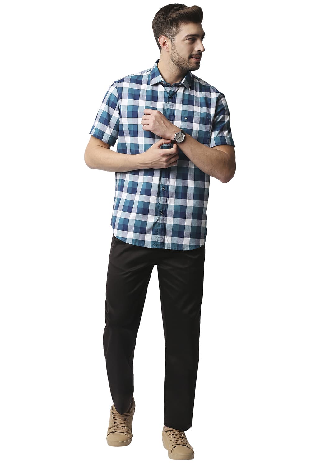 BASICS SLIM FIT OXFORD CHECKS HALFSLEEVES SHIRT