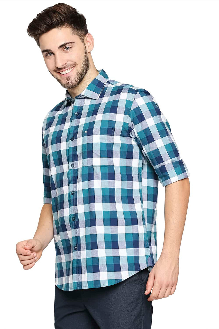 BASICS SLIM FIT SPRUCE GREEN OXFORD CHECKS SHIRT