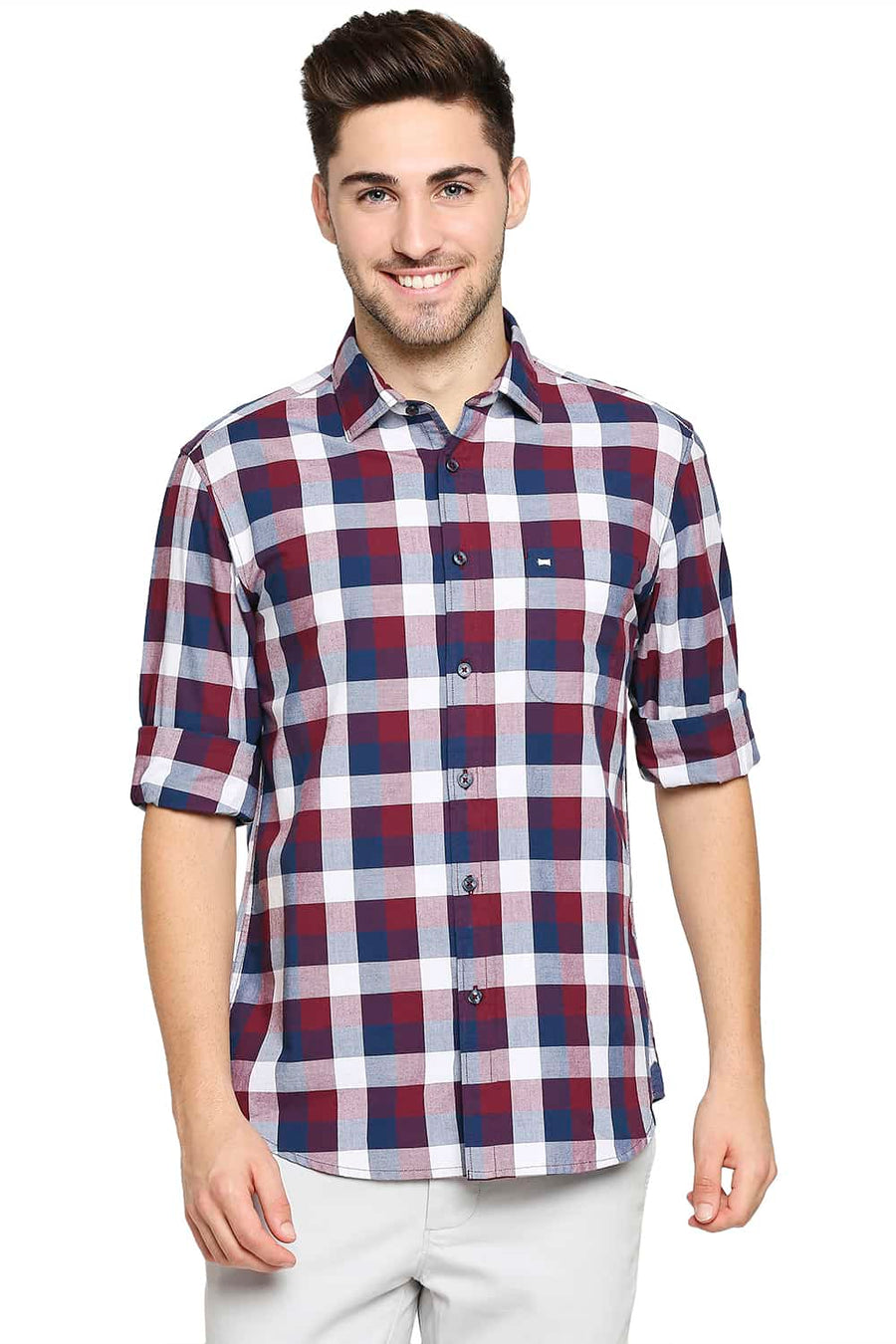 BASICS SLIM FIT ANEMONE PINK OXFORD CHECKS SHIRT