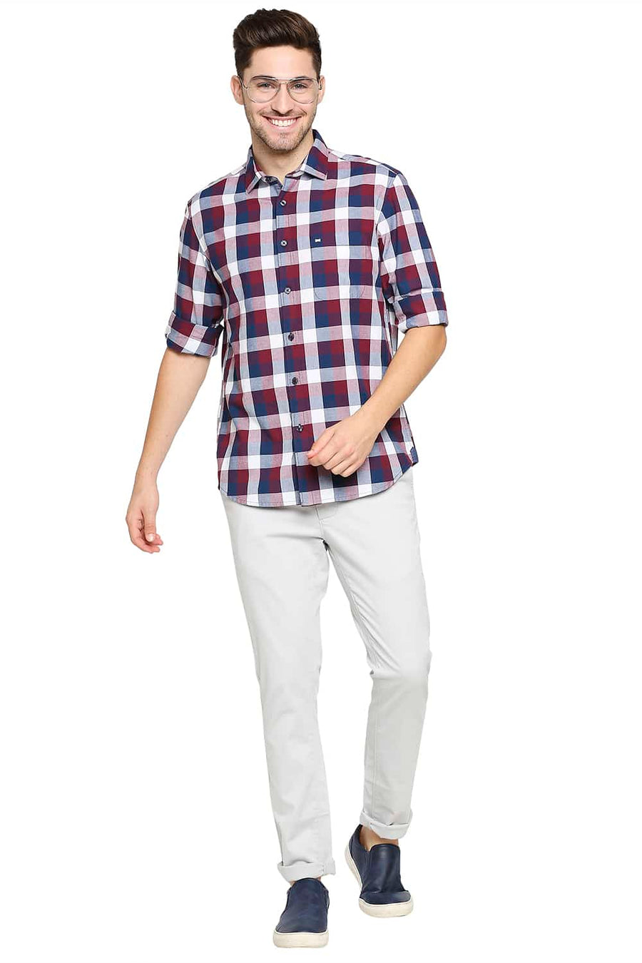 BASICS SLIM FIT ANEMONE PINK OXFORD CHECKS SHIRT