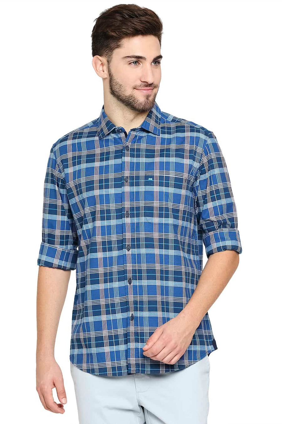 BASICS SLIM FIT CLASSIC NAVY OXFORD CHECKS SHIRT