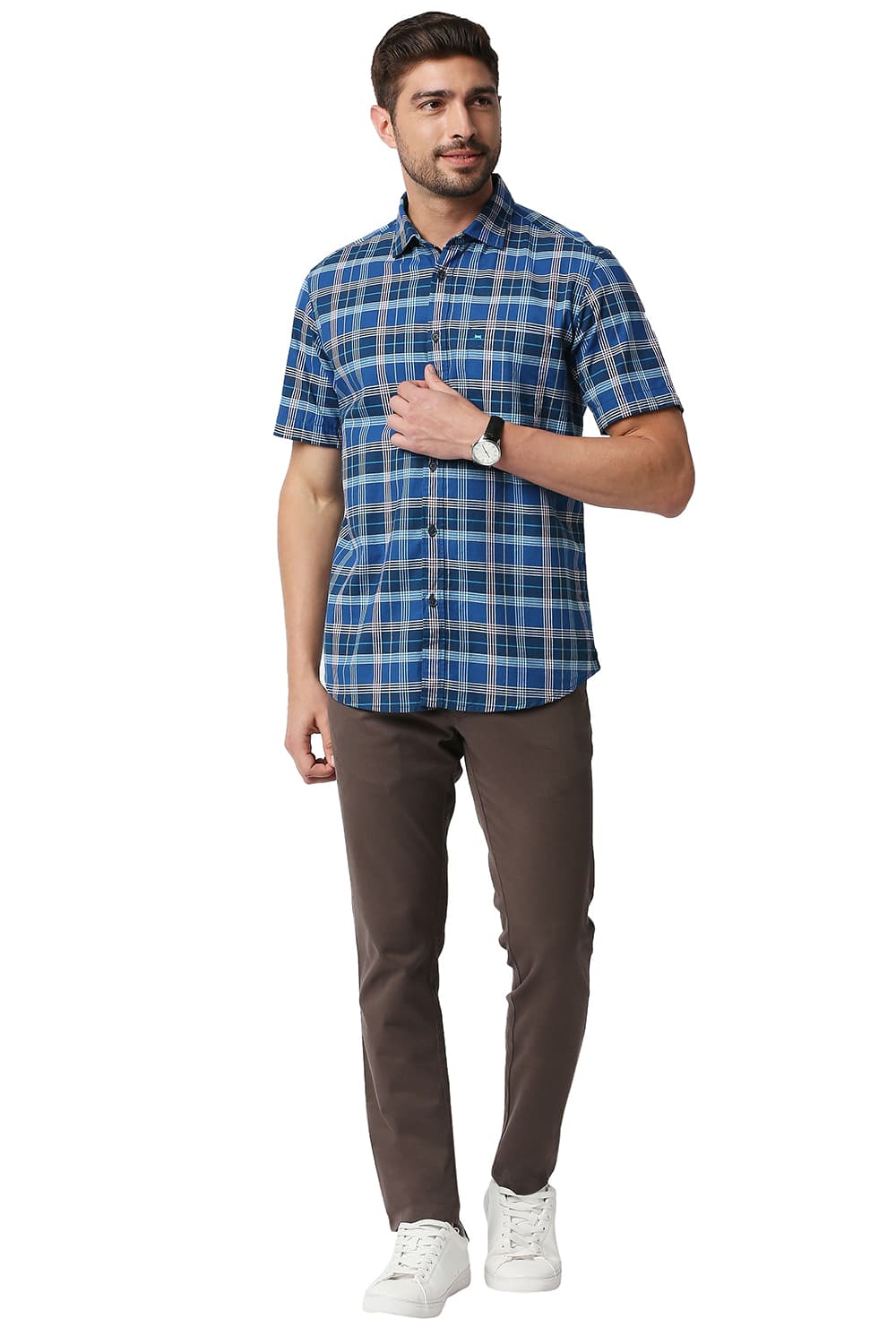 BASICS SLIM FIT OXFORD CHECKS HALFSLEEVES SHIRT