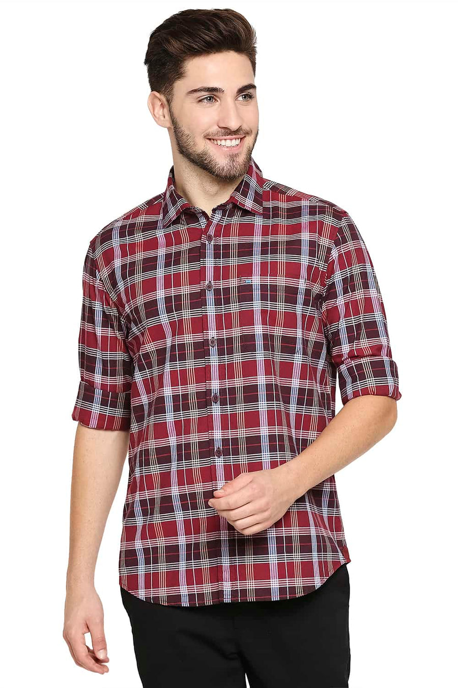 BASICS SLIM FIT BURNT MAROON OXFORD CHECKS SHIRT