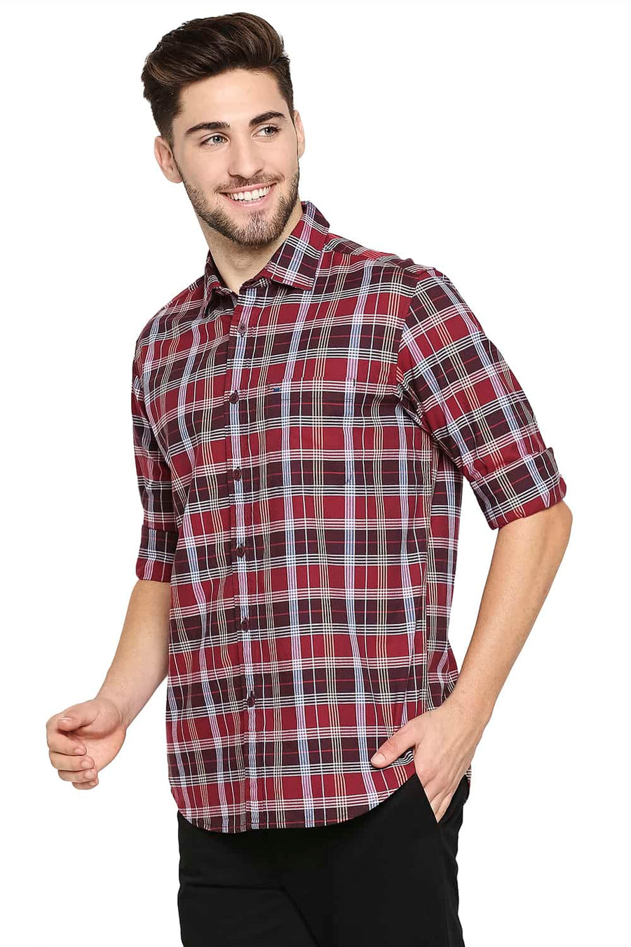 BASICS SLIM FIT BURNT MAROON OXFORD CHECKS SHIRT