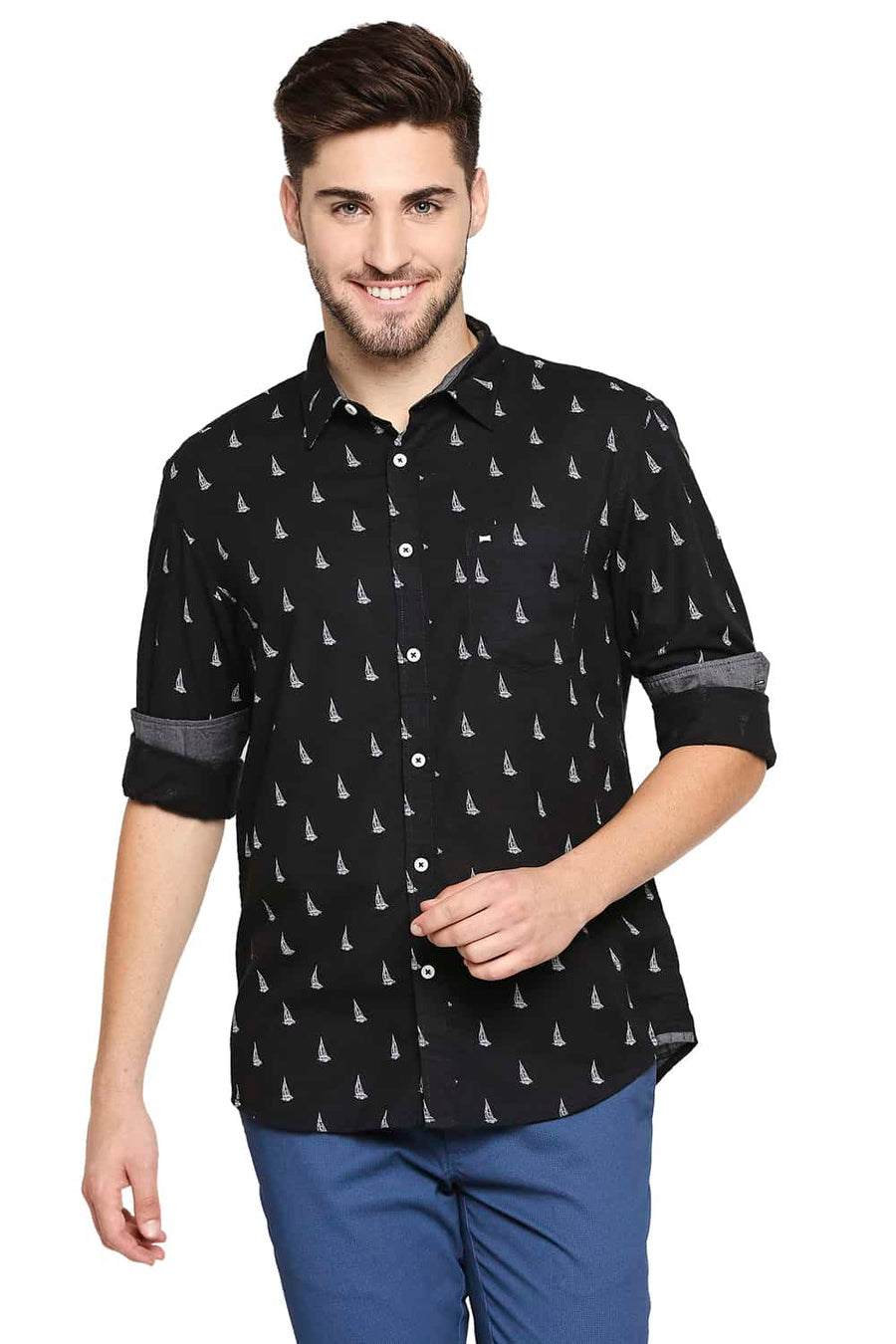 BASICS SLIM FIT PIRATE BLACK SLUB PRINTED SHIRT