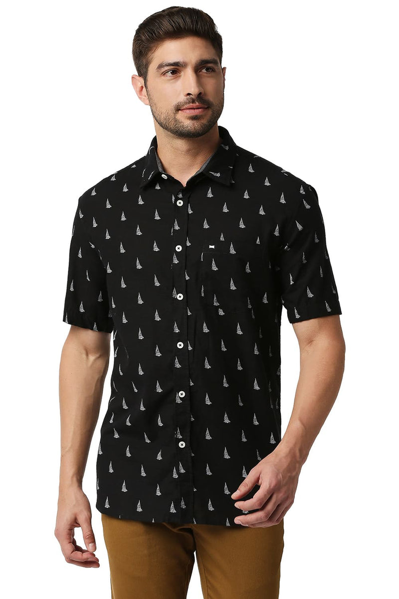 BASICS SLIM FIT SLUB PRINTED SHIRT