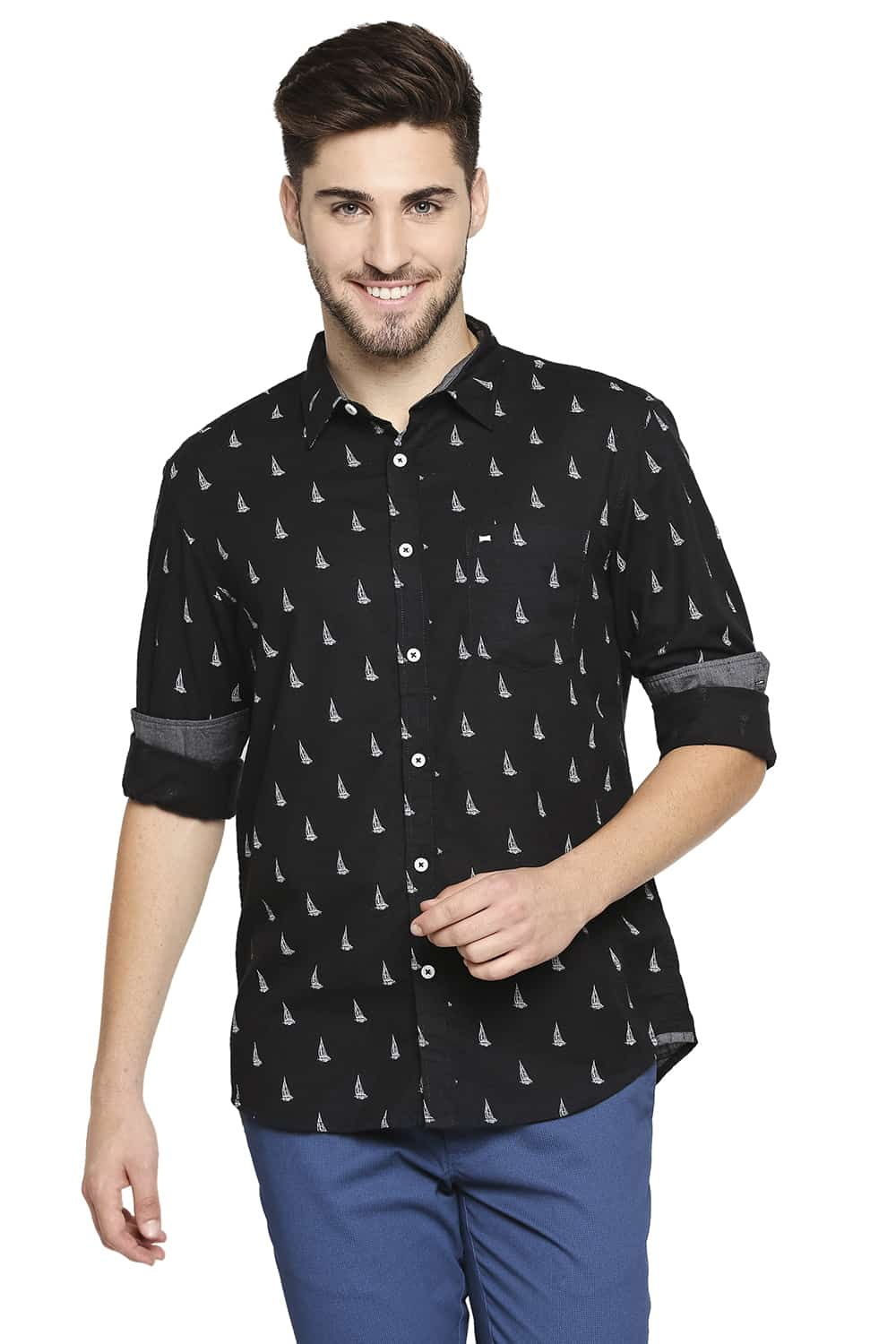 BASICS SLIM FIT SLUB PRINTED SHIRT