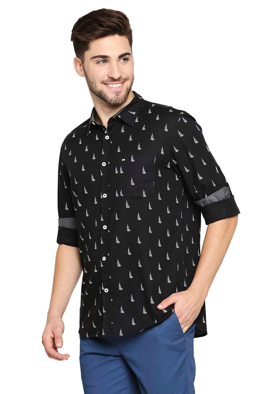 BASICS SLIM FIT PIRATE BLACK SLUB PRINTED SHIRT