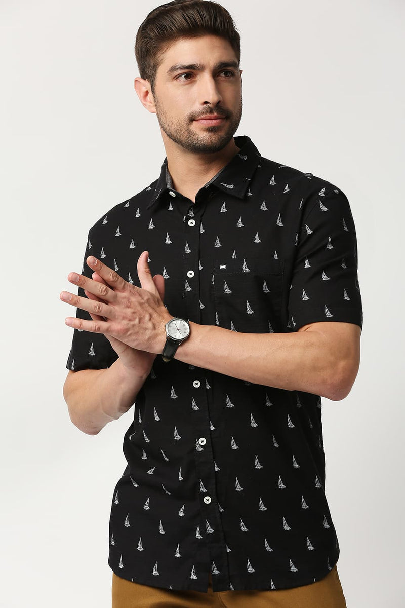 Slim Fit Slub Printed Halfsleeves Shirt