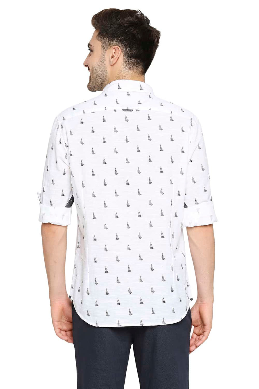 BASICS SLIM FIT BRIGHT WHITE SLUB PRINTED SHIRT